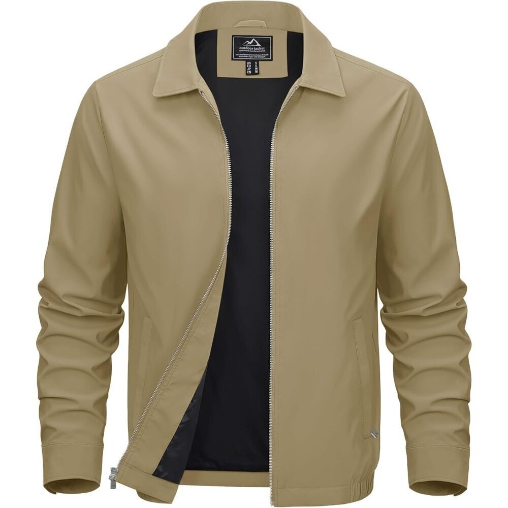 🆕 Men Khaki Lightweight Jacket Full Zip Golf Collar Windbreaker Casual Spring